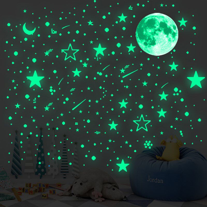 月球星星夜光墙儿童房卧室星空背景荧光自粘纸宿舍墙面装饰品