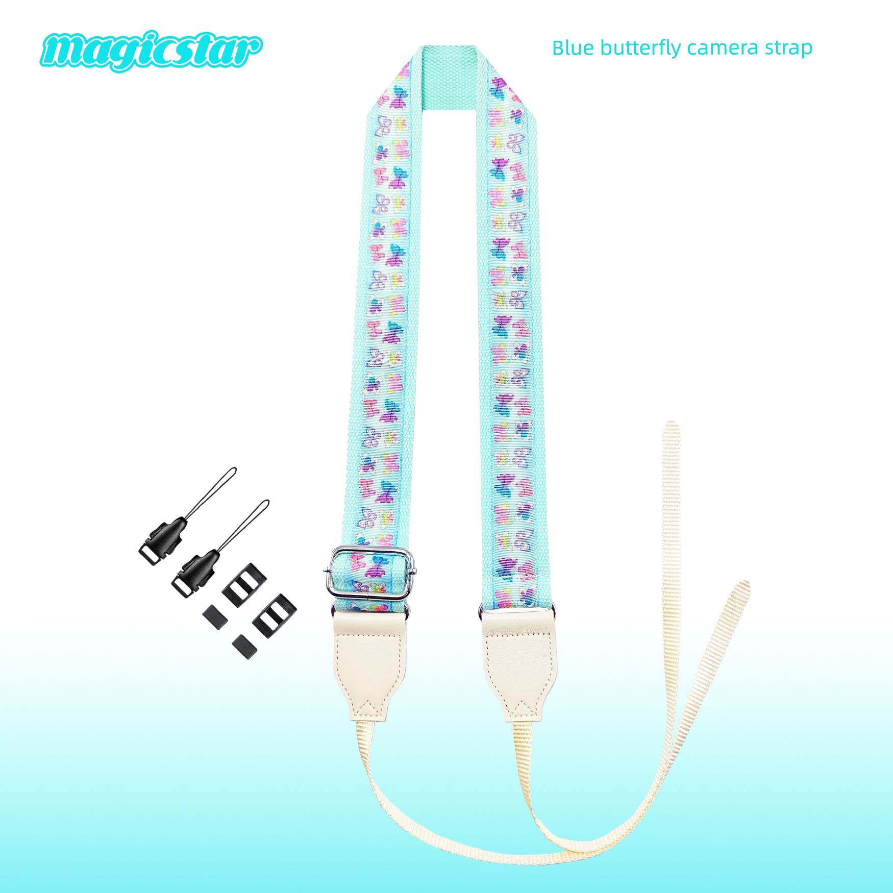 蓝色彩蝶相机单反肩带微单挂脖斜挎通用数码减压CCD拍立得可爱绳