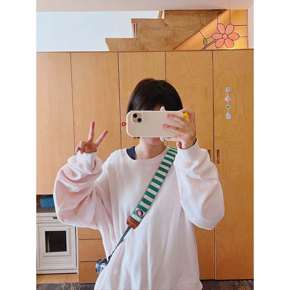 自由燕燕相机背带绿色和白色条纹刺绣减压夫妇相机背带肩带单反