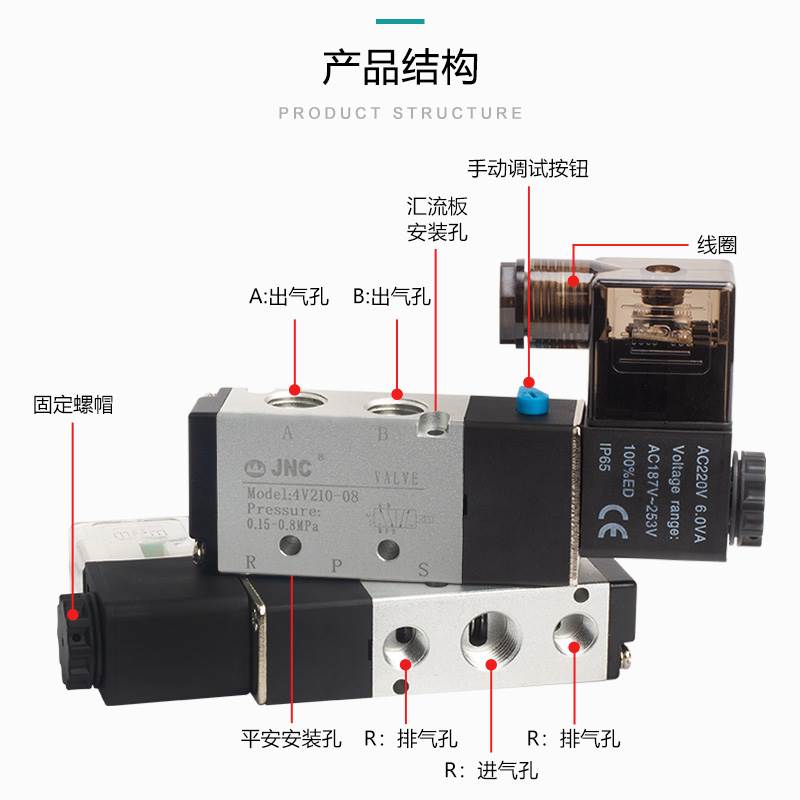 气动24v电磁阀组220v常闭配件4v210-08气阀亚德客二位五通换向阀