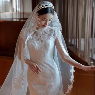 新款新娘头纱白色软纱蕾丝大花边主婚纱头纱长款拖尾豪华蕾丝头纱