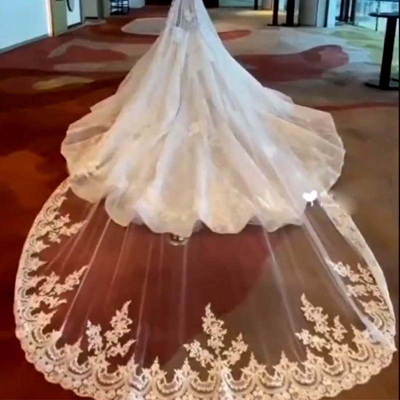 头纱新娘主婚纱立体花朵长款拖尾香槟色蕾丝头饰超仙森系结婚复古