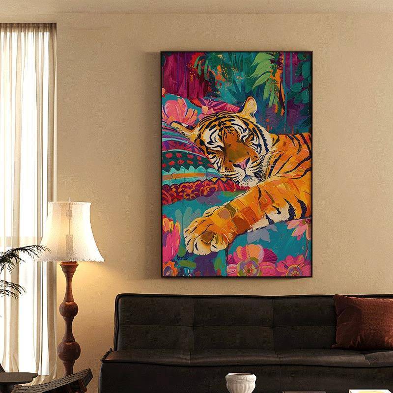 法式多巴胺慵懒老虎简约现代办公室装饰画 画高级感酒店玄关客厅