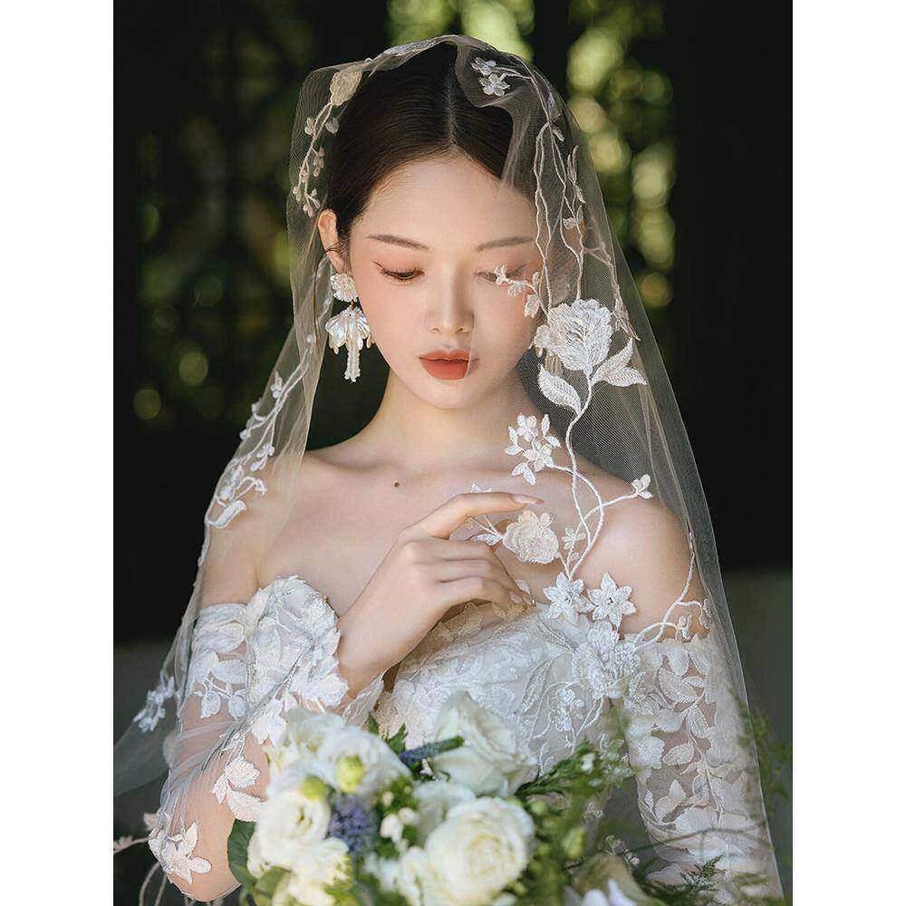 新娘头纱覆古蕾丝高级感大拖尾超仙森系韩式简约婚纱造型拍照道具