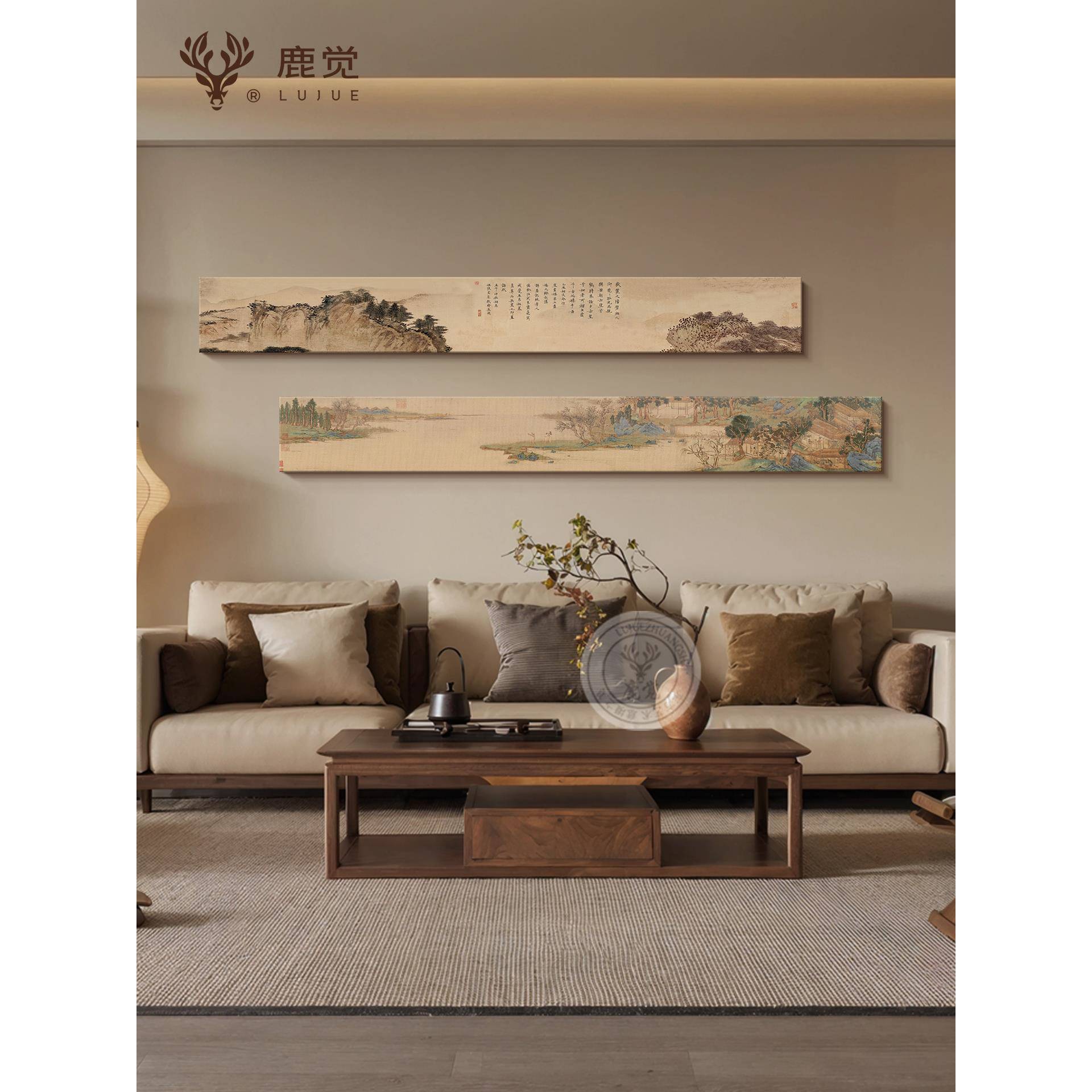 山水画客厅沙发背景墙装饰画宋代美学卧室壁画花鸟图横版长条挂画