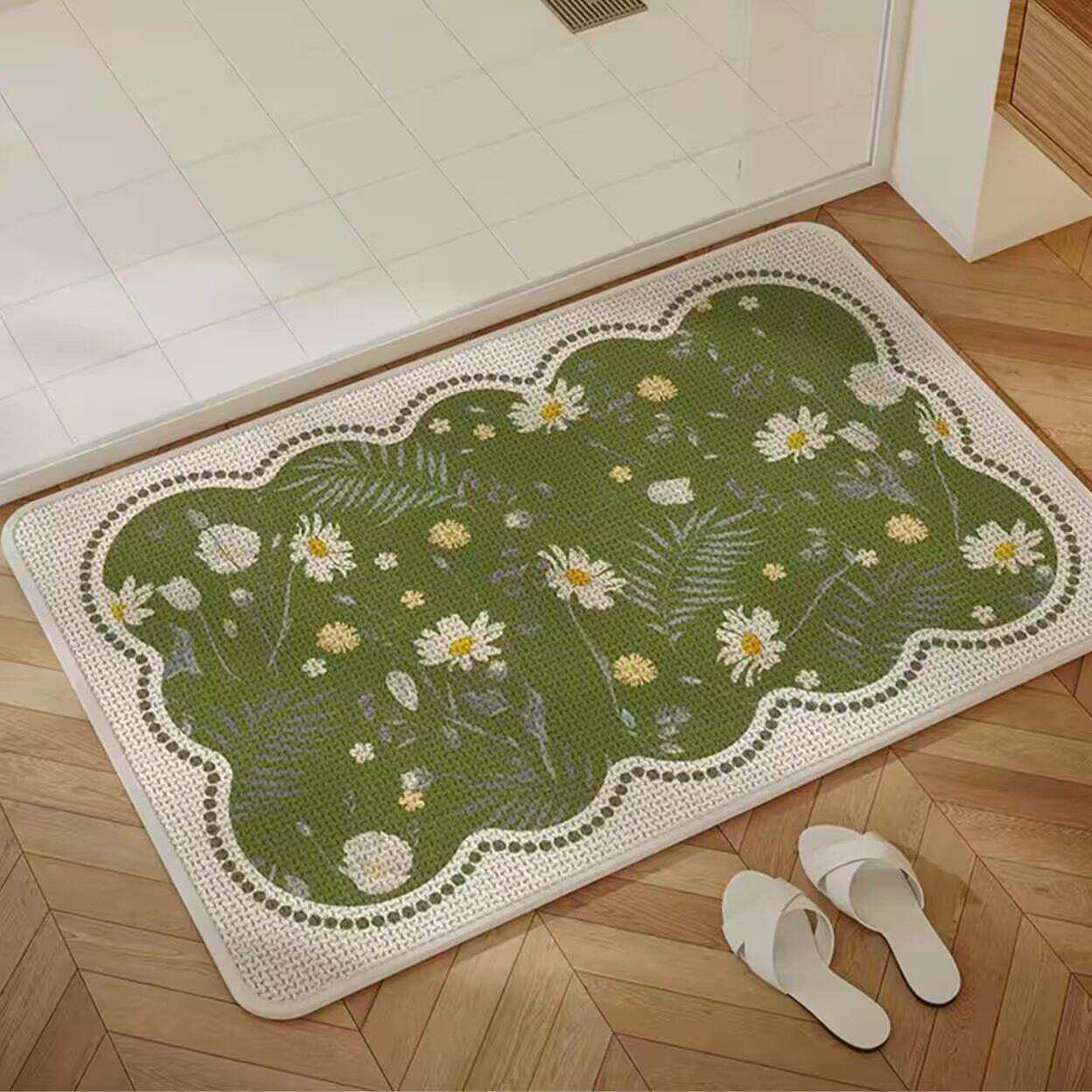 亚麻编织纹吸水椭圆半圆速干防滑耐磨简约加厚包边卫生间浴室地垫