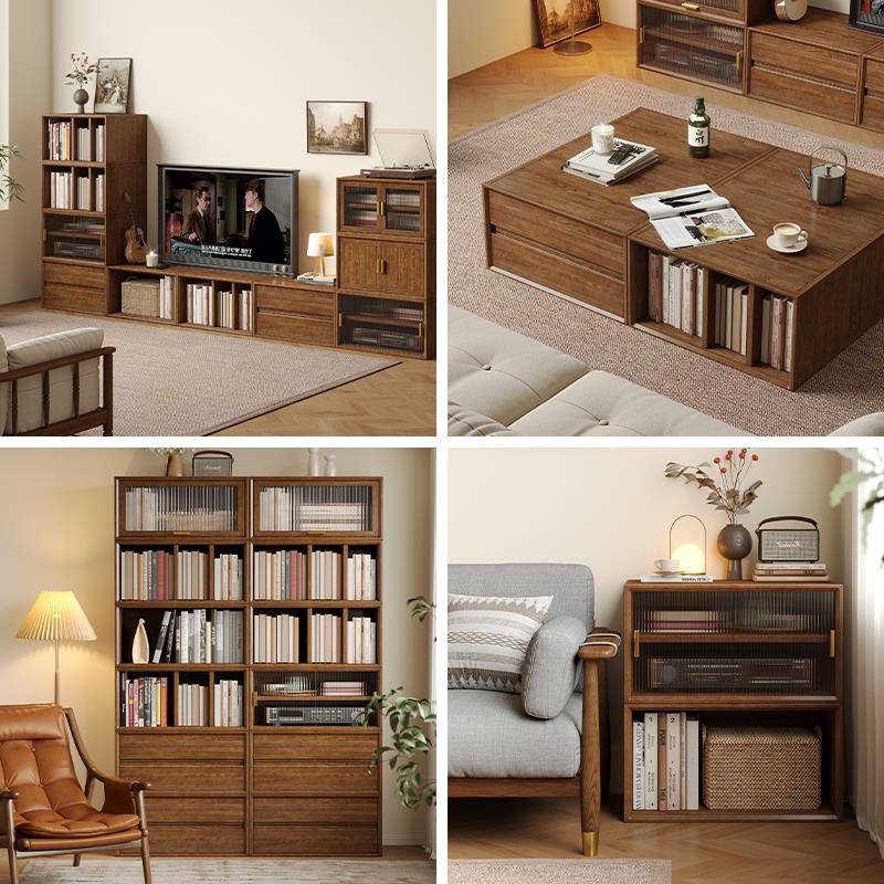 健匠实木电视柜北欧黑胡桃木色储物柜落地多功能模块组合地柜