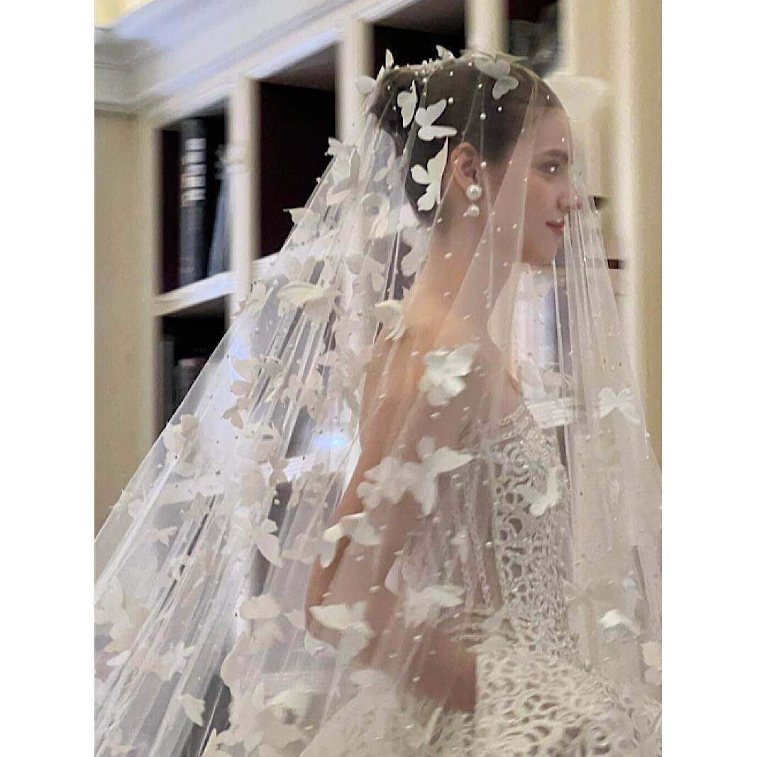 新娘的白色立体蝴蝶面纱主婚纱重工业珍珠豪华超大拖尾软纱鱼尾婚