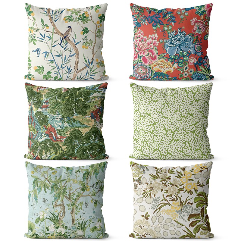 中式花鸟图案面棉麻抱枕沙发靠垫床头大靠背腰枕民宿装饰枕头