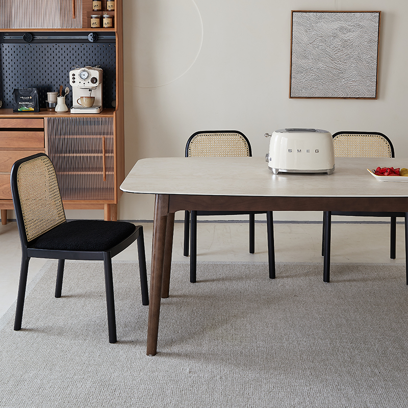 暮奢法式胡桃色实木餐桌小户型餐桌椅复古洞石岩板奶油风餐桌