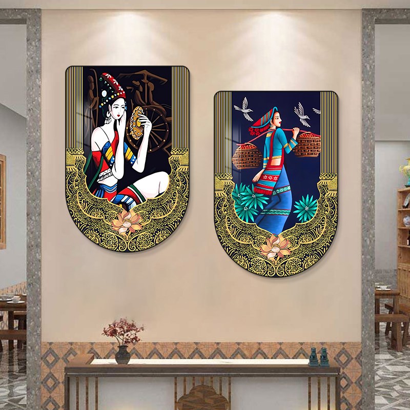 民族风装饰画东南亚餐厅傣族抽象艺术壁画云南风情饭店背景墙挂画图片