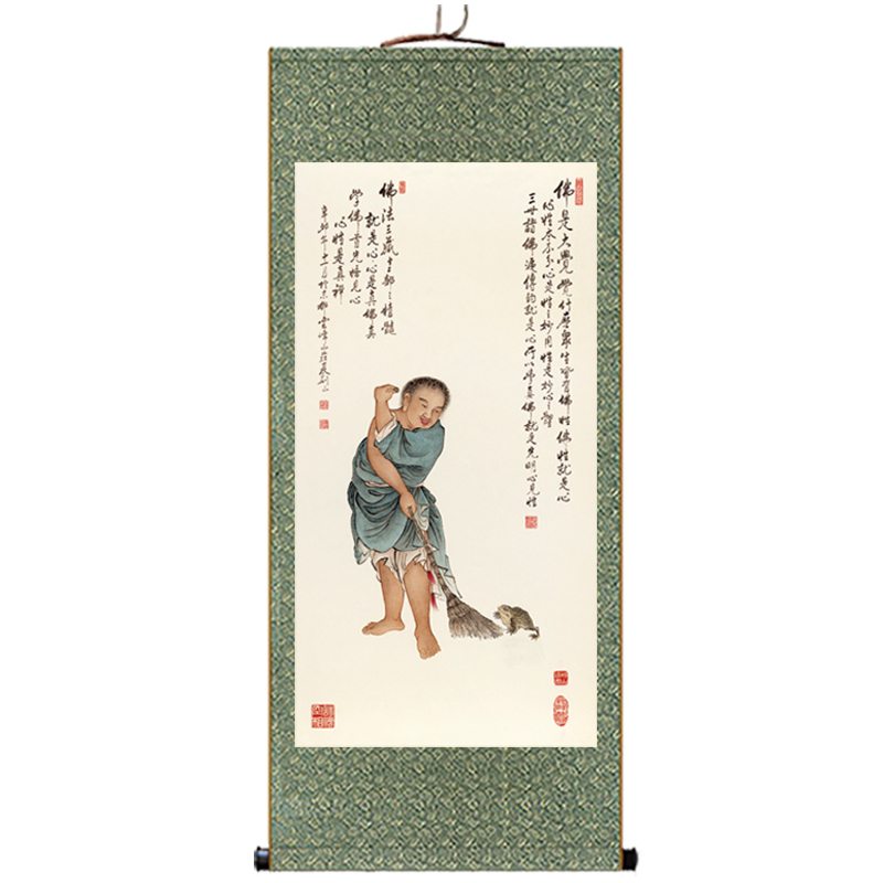 刘海戏金蟾画像童子招财挂画客厅玄关装饰卷轴画年画丝绸绢布画