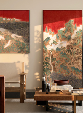 新客厅玄关走廊红色山水挂画茶室办公室装饰画别墅酒店壁画