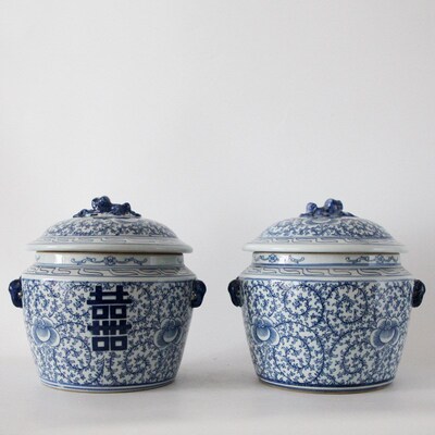 手绘喜字陶瓷青瓷复古茶叶罐插仿古中式客厅博古架装饰