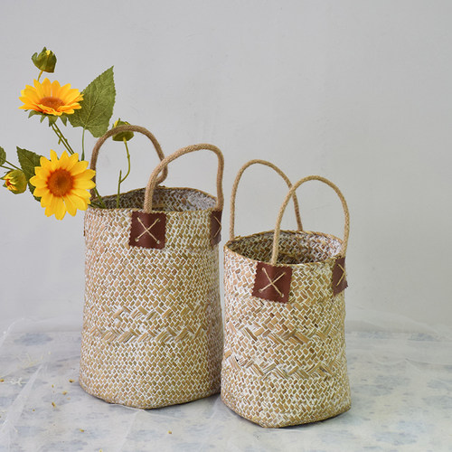 海草编织篮插干藤编盆提包田园手工竹编客厅装饰