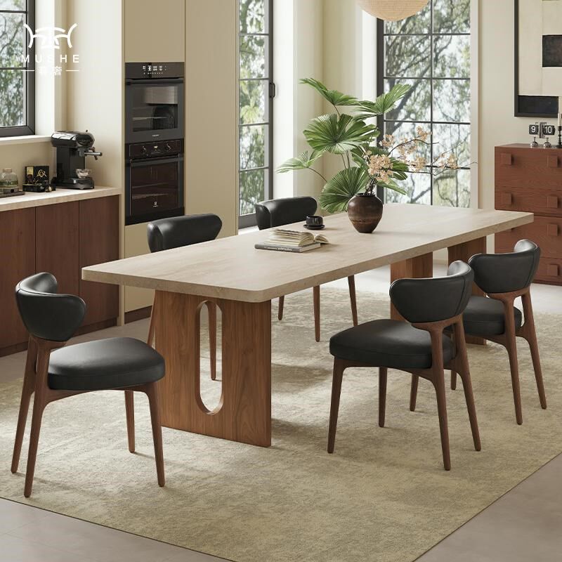 暮奢复古餐桌椅洞石岩板家用现代小户型长方形中古风餐桌,住宅家具,岩板餐桌,淘宝优惠券,粉丝福利购,淘宝优惠卷