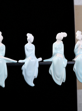 创意个性青瓷宠琴棋书画仕女陶瓷客厅酒柜装饰品茶宠微景观