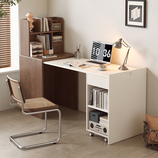全实木书桌书架一体折叠伸缩家用学习电脑桌卧室多功能小户型