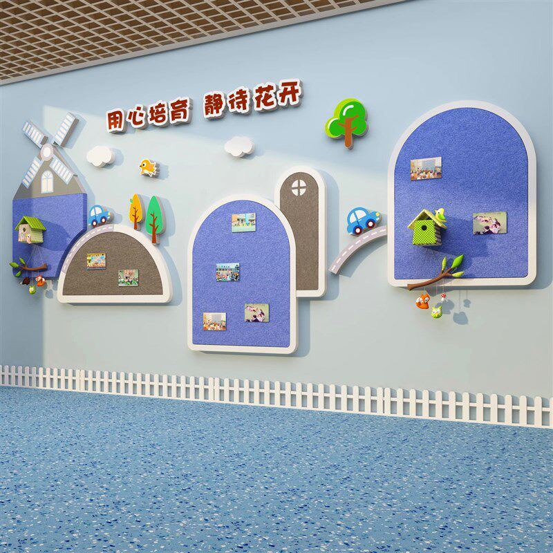 高端定制幼儿园大厅布置文化楼梯背景墙面装饰毛毡板作品展示墙贴图片