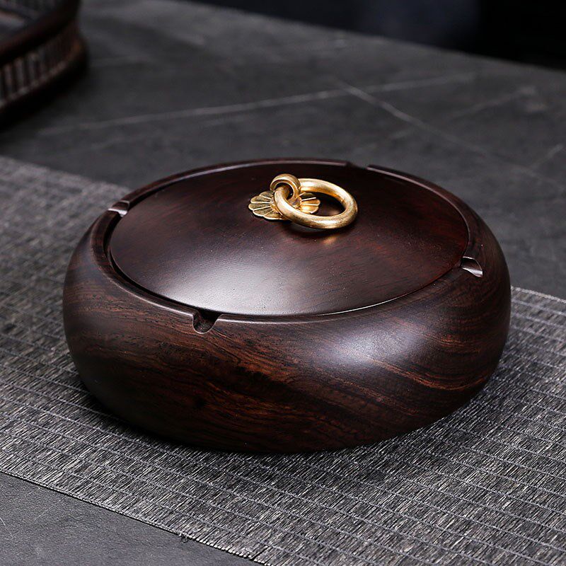 黑檀木烟灰缸中式实木带盖大号个性创意花梨木家用客厅防飞灰送礼