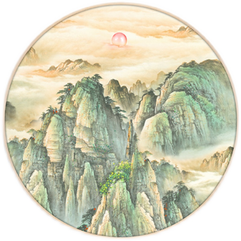 红日东升圆形装饰画鸿运当头青山玄关挂画中式餐厅画客厅背景墙画