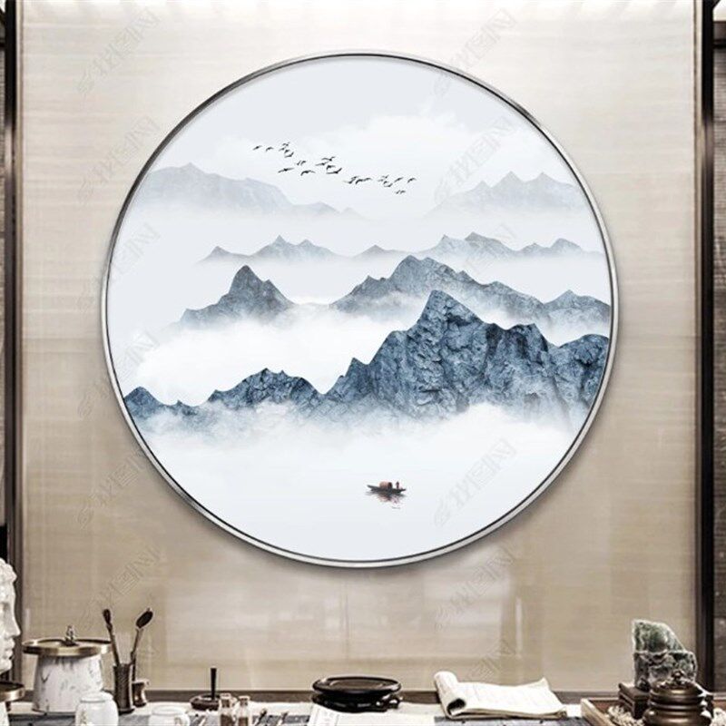 定制艺术玻璃圆形屏风隔断钢化磨砂面彩绘玄关背景墙MM山水画
