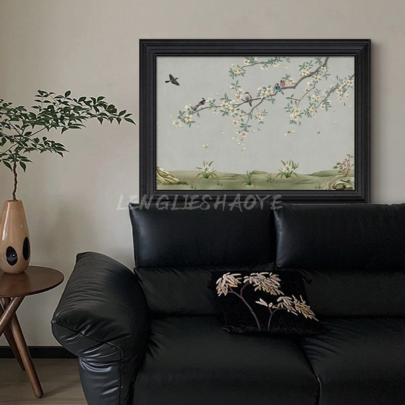 中式复古高级感飞鸟花卉客厅卧室装饰品挂画轻奢玄关古典手绘油画图片