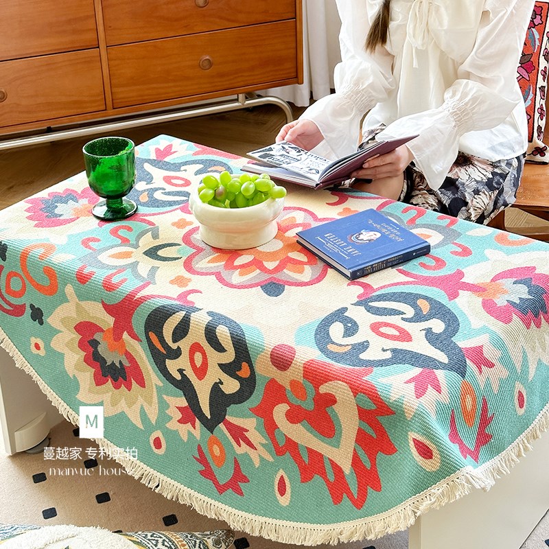 蔓越家法式复古圆桌布棉麻流苏餐桌垫电视柜茶几垫床头柜垫子台布