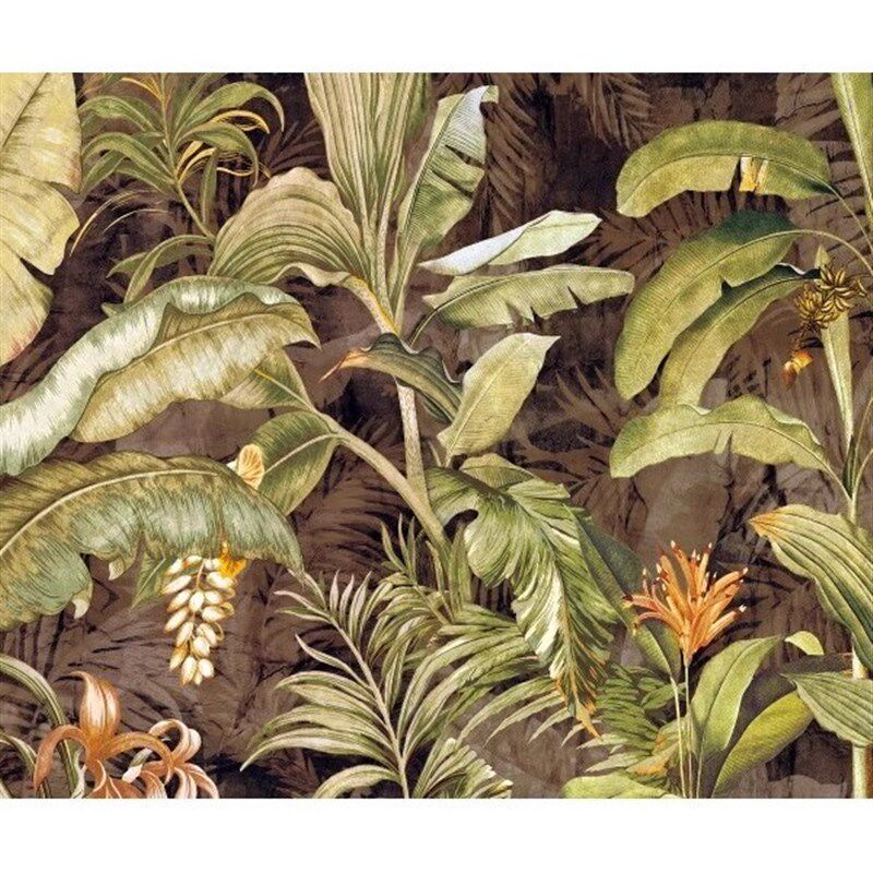 手绘东南亚热带树林壁纸油画芭蕉叶壁画客厅卧室背景墙纸