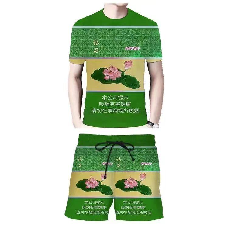 夏季新款速干透气小众抽象中华衣服全套荷花短袖印花T恤潮流套装