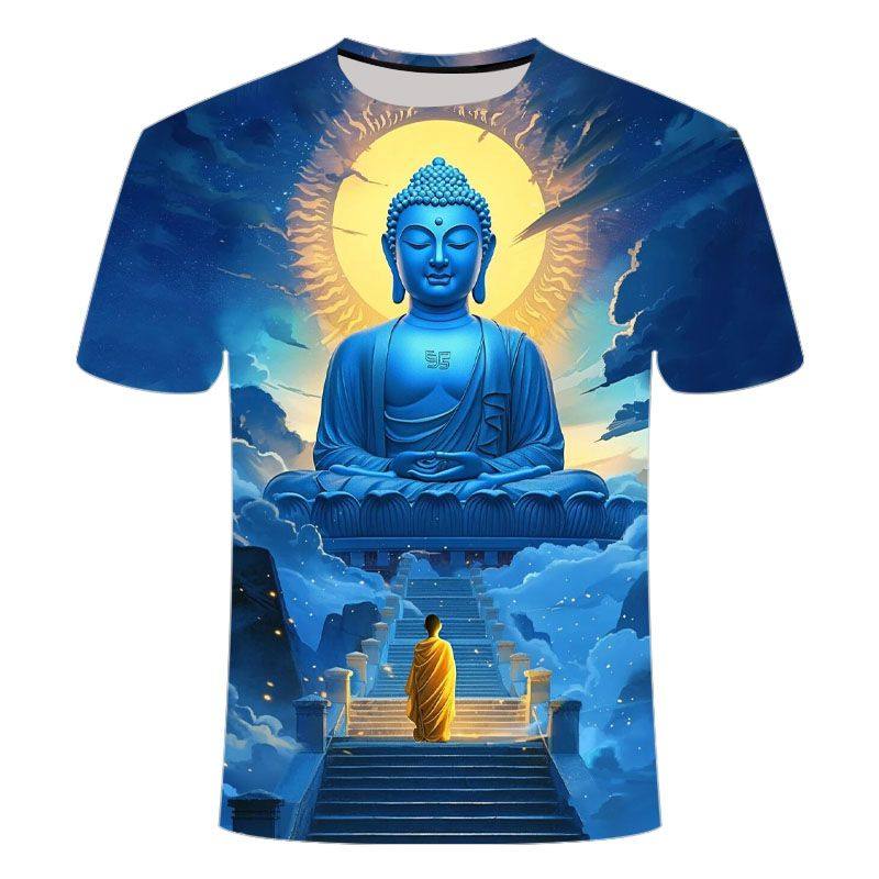 .2025夏季款 3D印花短袖 我佛慈悲蓝色系列 男女款潮流圆领T恤,男装,休闲运动套装,淘宝优惠券,粉丝福利购,淘宝优惠卷