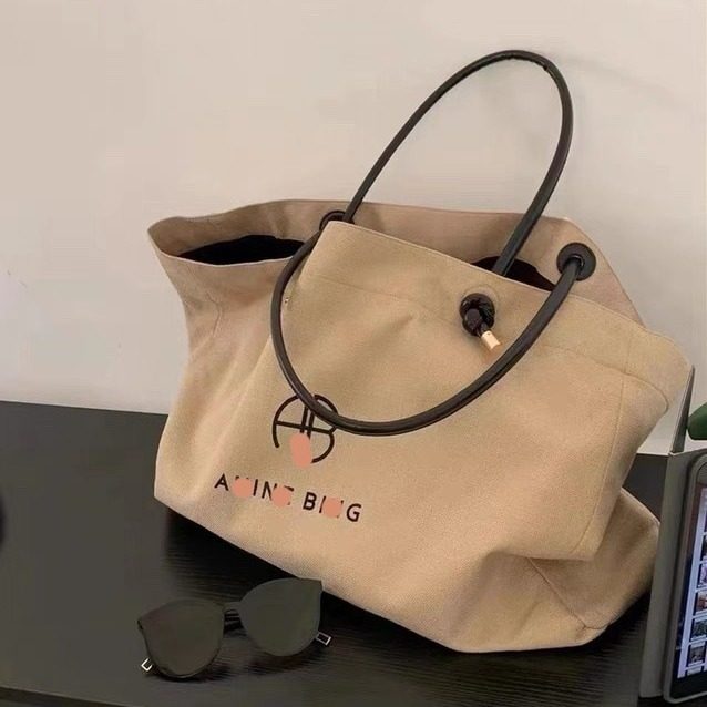 手提包logo大容量托特包度假棉麻帆布包单肩包印花可加字母