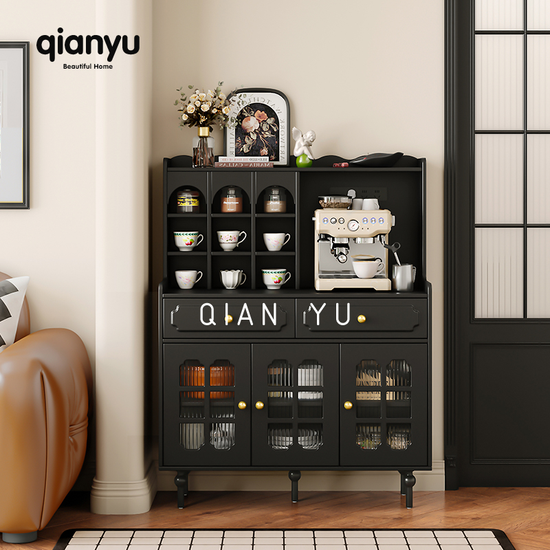 千语法式复古黑色实木餐边柜小户型客厅沙发边柜茶水柜家用咖啡柜