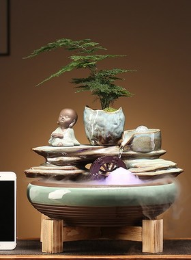 创意陶瓷金鱼缸客厅循环流水小型桌面喷泉办公室水车招财礼品