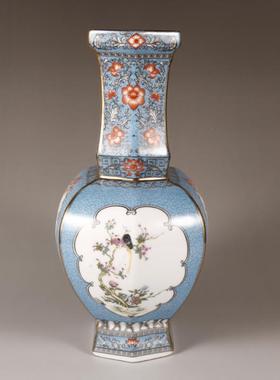 乾隆珐琅彩粉蓝色鸟六方瓶博古架仿古做旧古董