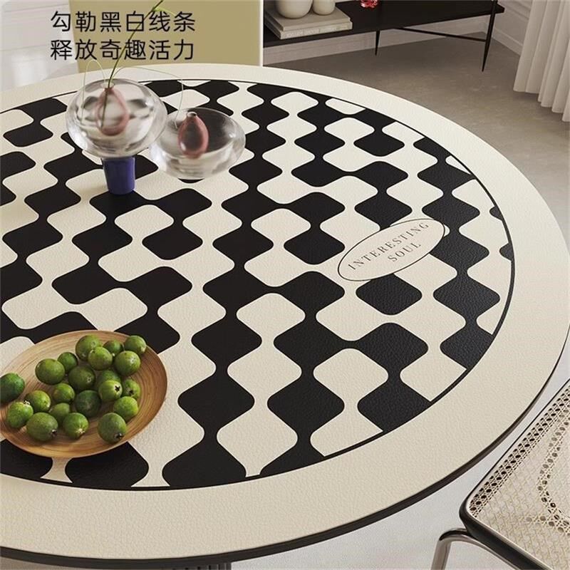 圆桌桌垫黑白色复古风高级感皮革防油防水隔热定制茶几垫天津地毯