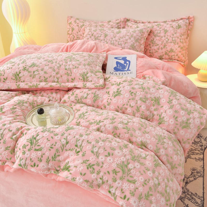 6D雕花绒牛g奶绒被套四件套加厚保暖珊瑚绒法兰绒被罩床单床上用