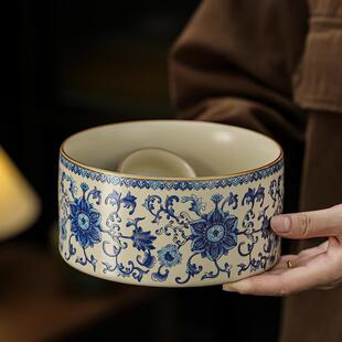 复古青花缠枝莲汝窑茶洗家用特大号陶瓷建水茶洗缸功夫茶海废水缸