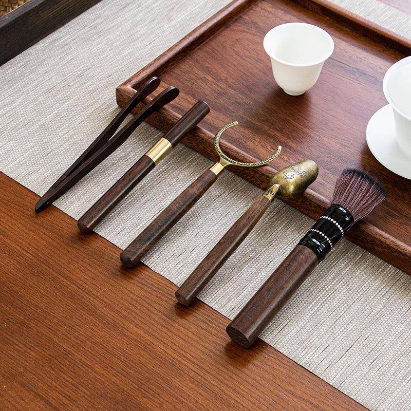 黑檀木六君子套装黄铜6君子功夫茶具茶道茶艺配件茶夹茶勺茶刀