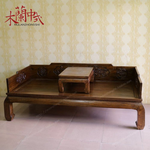老榆木罗汉床纯实木三围拼板雕花罗汉榻中式明清古典家具沙发床