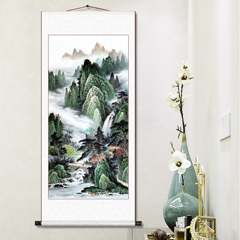 山水画玄关装饰画竖幅卷轴挂画客厅国画办公室墙壁走廊过道风景画
