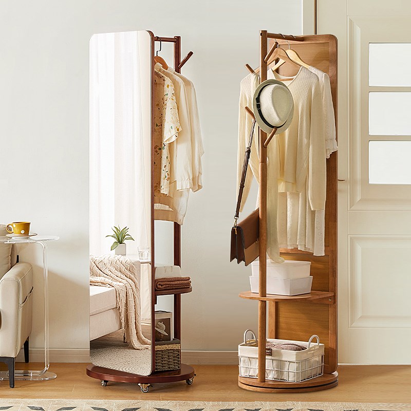 扬远实木旋转全身镜落地镜家用卧室可移动试衣镜挂衣架一体穿衣镜