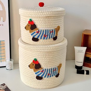 棉线编织大容量带盖防尘收纳桶家用卡通可爱小狗杂物收纳筐储物篮