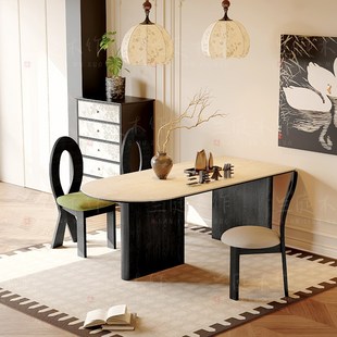 餐桌家用小户型轻奢奶油半圆半岛形餐桌子客厅 中古风岩板洞石法式