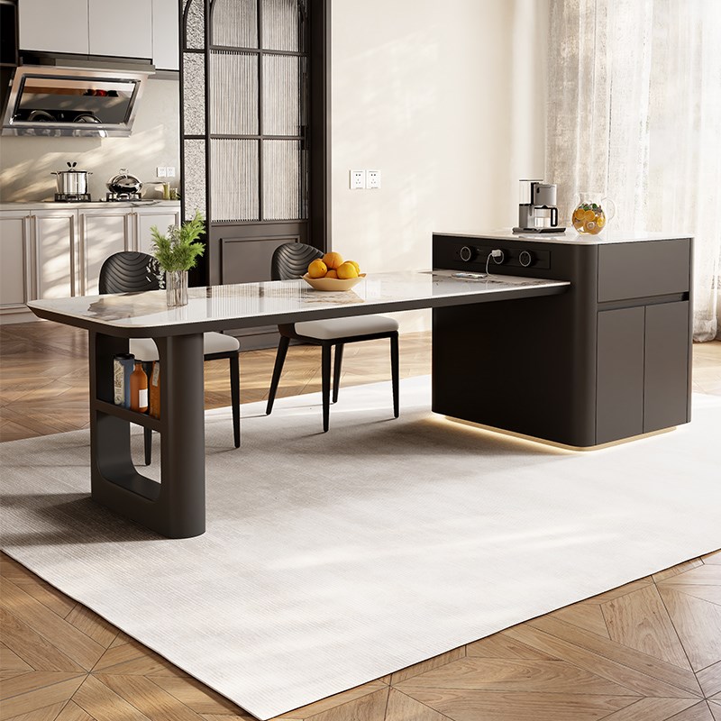 意式极简岩板岛台餐桌一体可伸缩高端黑色餐厅定制小户型中倒台