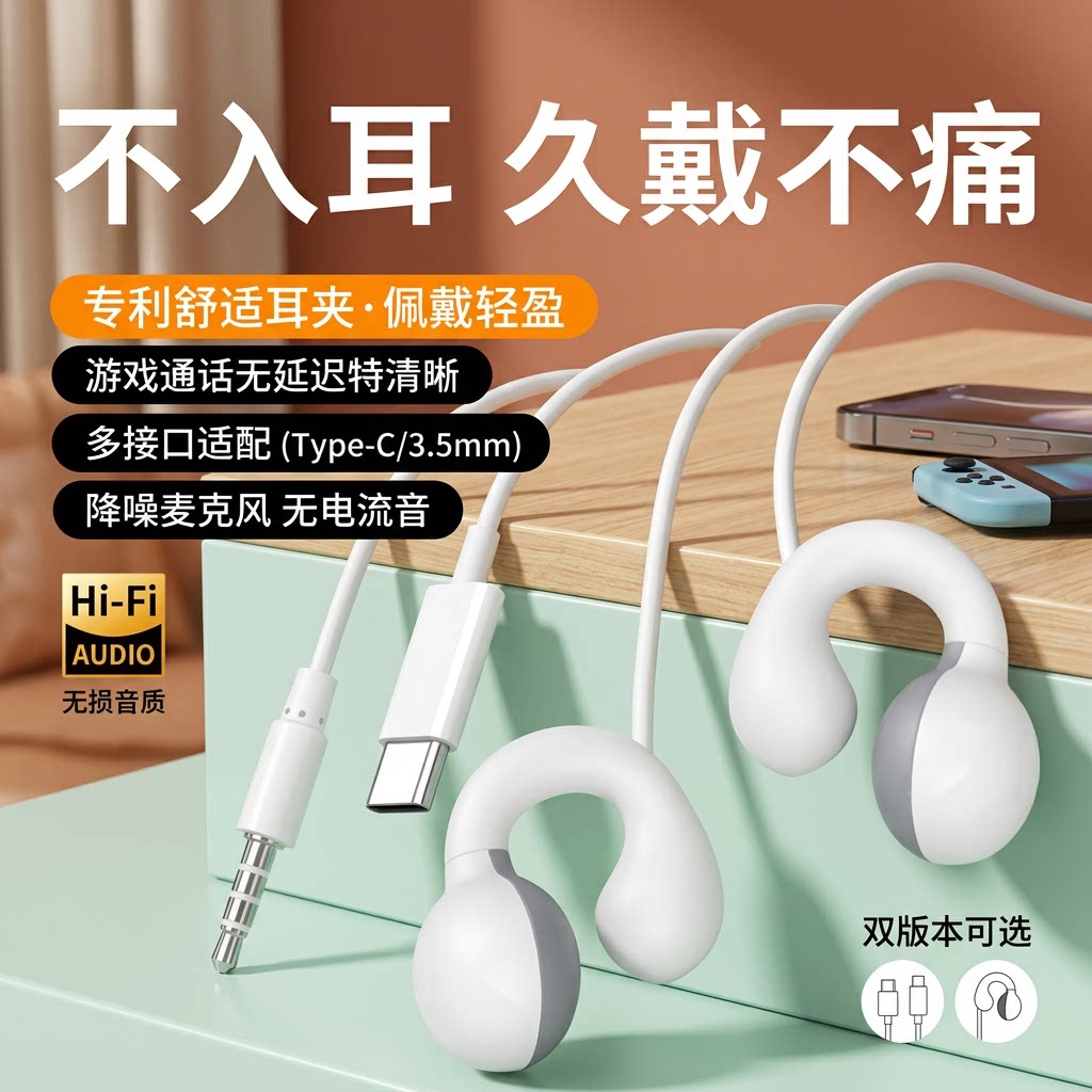 ACPE耳机有线夹耳式骨传导type-c高音质适用华为oppo小米苹果vivo