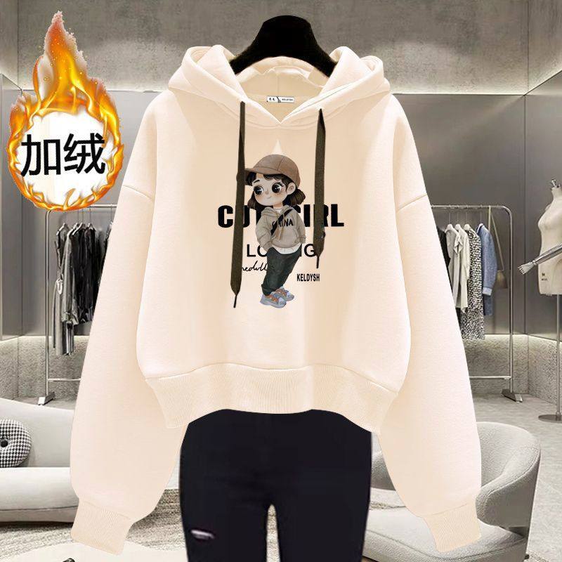白色连帽卫衣女2025秋冬新款加绒韩版宽松洋气套头小个子短款上衣