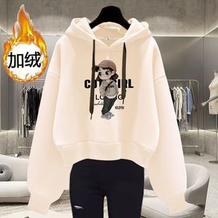 白色连帽卫衣女2025秋冬新款加绒韩版宽松洋气套头小个子短款上衣