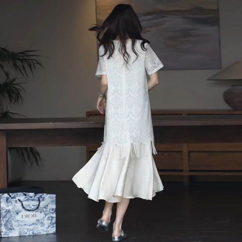 蕾丝连衣裙女2026夏季新款微胖大码遮肉显瘦优雅高级感鱼尾裙长裙