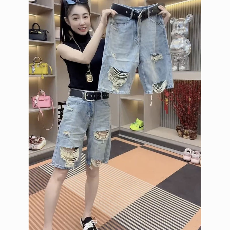 乞丐破洞牛仔裤女2025夏季新款大码个性宽松显瘦小个子直筒五分裤
